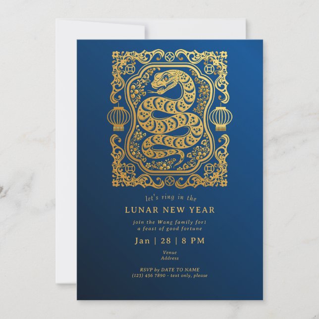 2025 Lunar New Year Of The Snake Blue Gold Party Invitation (Front)