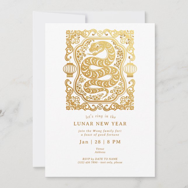 2025 Lunar New Year Of The Snake White Gold Party Invitation (Front)