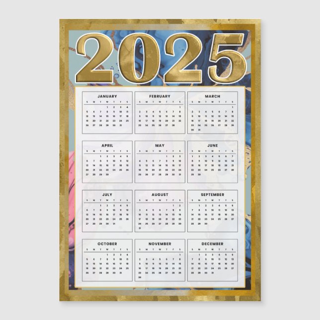 2025 Magnetic Calendar For Fridge Gold Pink Blue Invitation (Front)