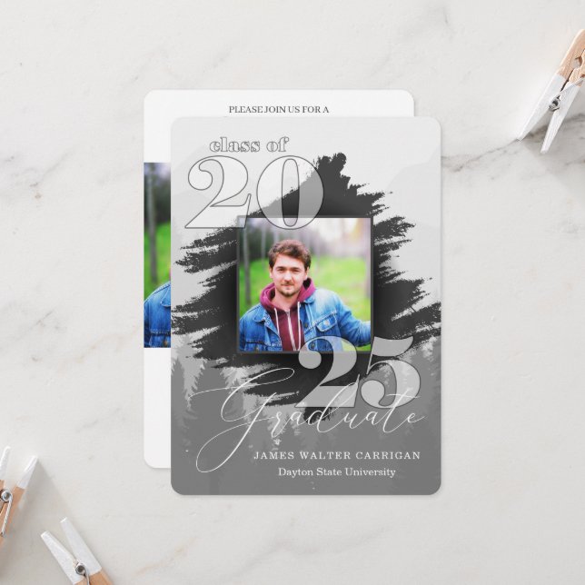 2025 Masculine Greyscale 2 Photo Graduation Invitation (Front/Back In Situ)