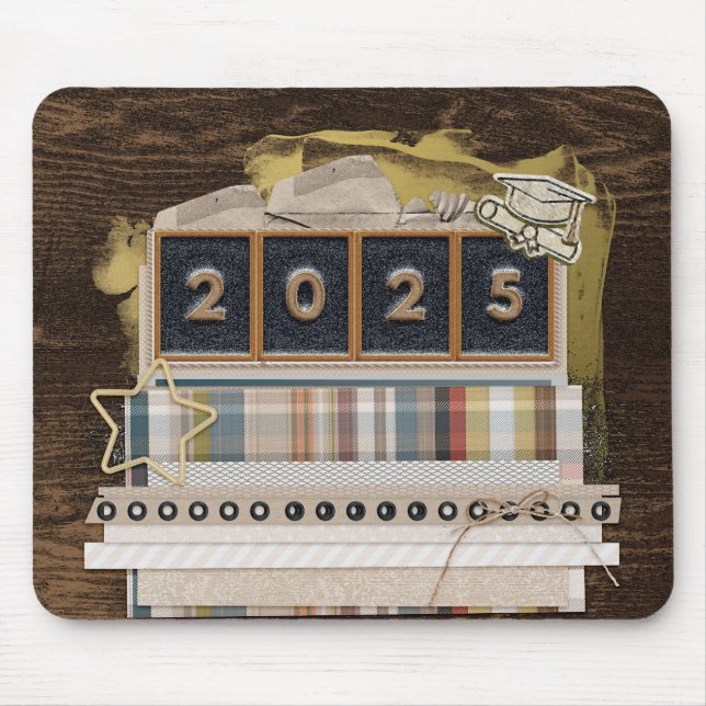2025 Metal Look,Grad Cap,Diploma, Star, Paper, Bow Mouse Pad (Front)