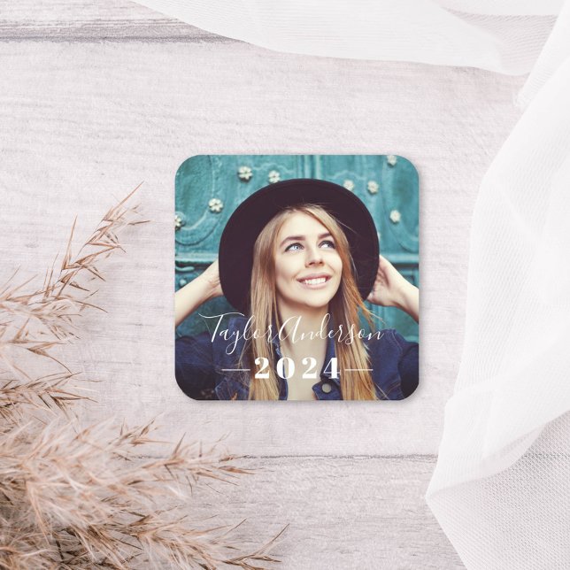 2025 Minimalist White Photo Graduation Square Sticker (Creator Uploaded)