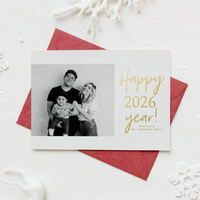2025 Modern Handwritting Happy New Year Foil Holiday Card (Send new year cheer with this customizable gold foil New Year Photo Card featuring mix typography.)