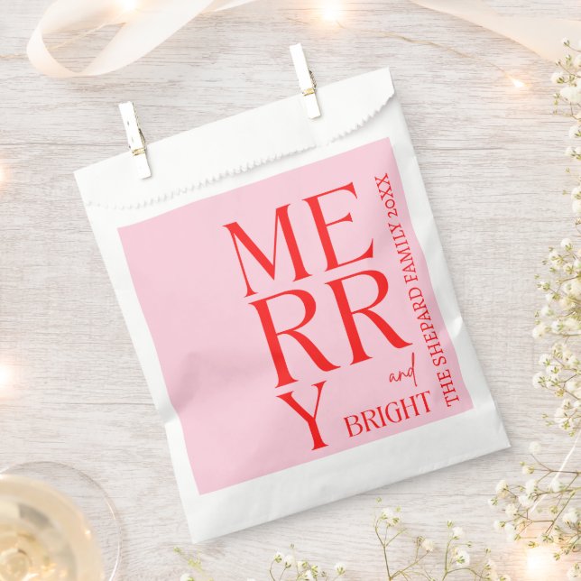 2025 Modern Merry and Bright Red Pink Christmas Favour Bag (Clipped)