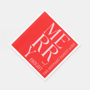 2025 Modern Merry and Bright Red Pink Christmas Napkin