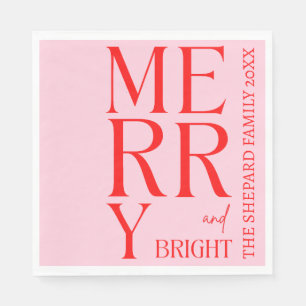 2025 Modern Merry and Bright Red Pink Christmas Napkin