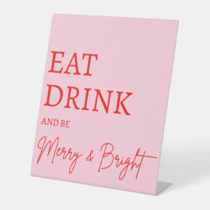 2025 Modern Merry and Bright Red Pink Christmas Pedestal Sign