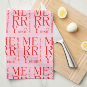 2025 Modern Merry and Bright Red Pink Christmas Tea Towel