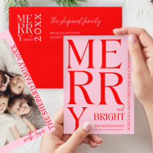 2025 Modern Merry Bright Red Pink Christmas Photo