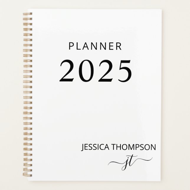 2025 Modern White Black Simple Monogram Name   Planner (Front)