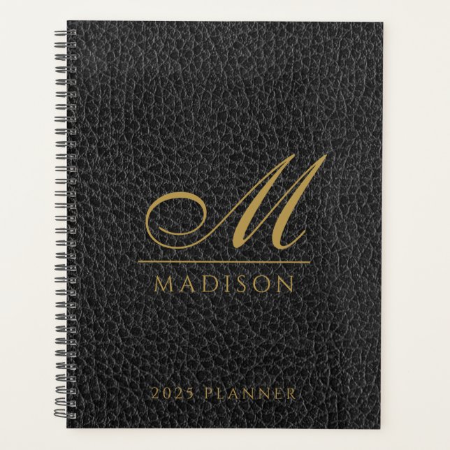 2025 Monogrammed Elegant Gold Black Modern Planner (Front)