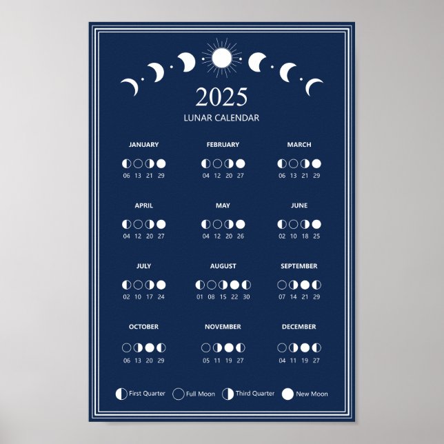 2025 Moon Phase Lunar Cycles Dark Blue Calendar Poster (Front)