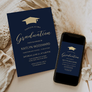 2025 Navy Blue Gold Cap Modern Graduation Party Invitation