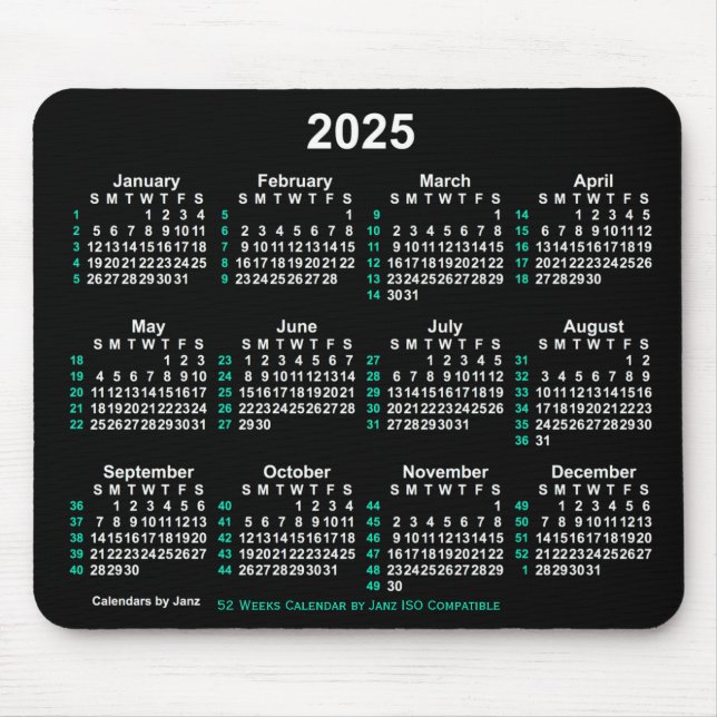 2025 Neon White 52 Weeks ISO Calendar by Janz Mouse Pad (Front)