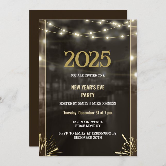 2025 New Year Black Gold Modern Custom Add Year Invitation (Front/Back)