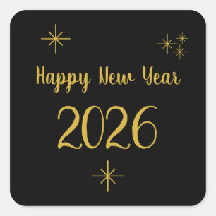 2025 New Year Elegant Gold Snowflakes Black  Square Sticker