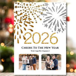 2025 New Year Festive Fireworks Gold Family Photo  Holiday Card