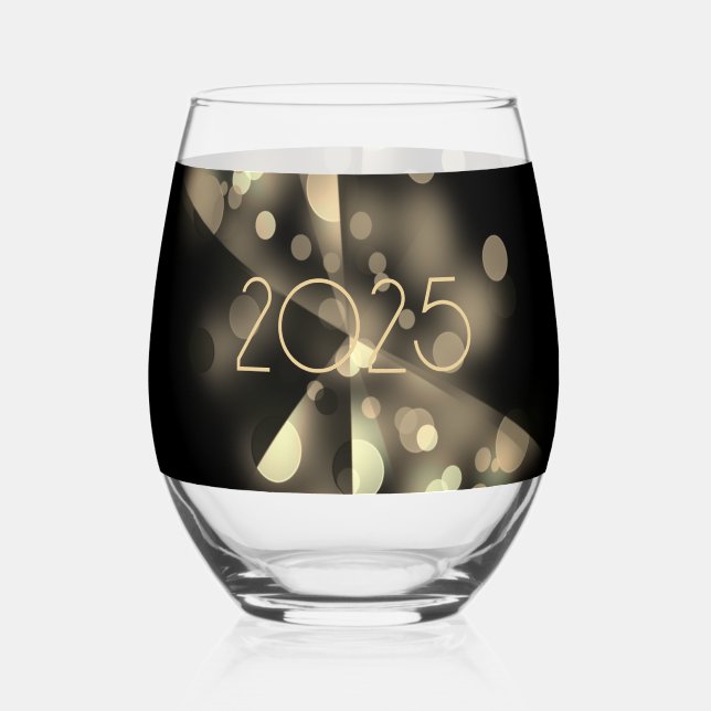 2025 new year with golden bubbles stemless wine glass (Front)