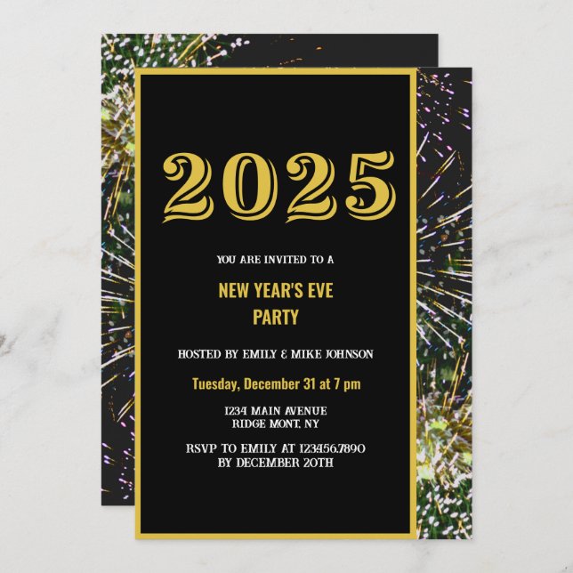 2025 New Year's Eve Gold Fireworks Invitation (Front/Back)