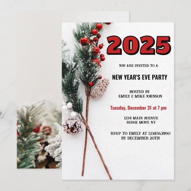  2025 New Year's Eve Holiday Holly Christmas Invitation (Front/Back)