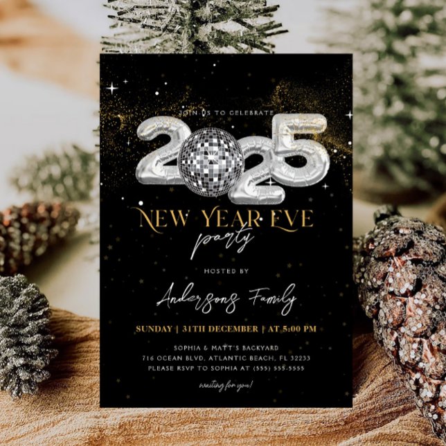 2025 New Year's Eve Party Black Silver Disco Ball Invitation (Creator Uploaded)