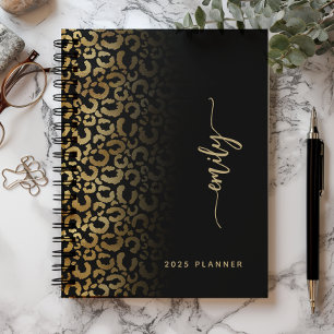 2025 Personalised Black Gold Leopard Spots Planner