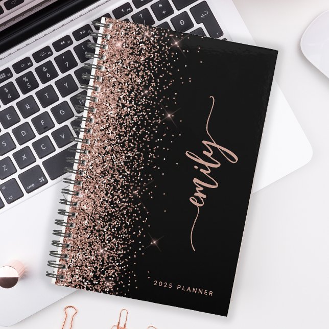 2025 Personalised Black Rose Gold Glitter Planner (Creator Uploaded)