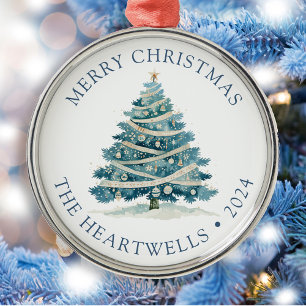 2025 Personalised Blue Watercolor Christmas Tree Metal Ornament