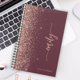 2025 Personalised Burgundy Rose Gold Glitter Planner
