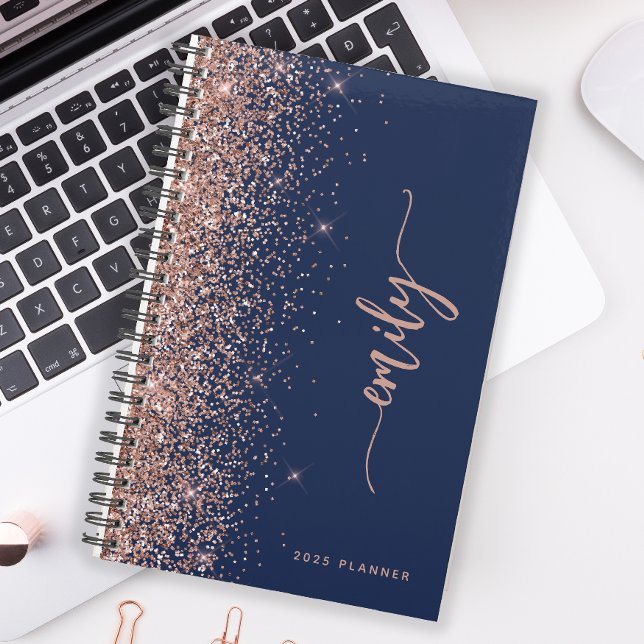 2025 Personalised Navy Blue Rose Gold Glitter Planner (Creator Uploaded)