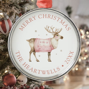 2025 Personalised Pink Reindeer Merry Christmas Metal Ornament