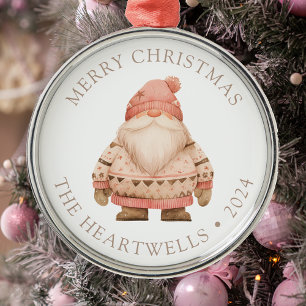 2025 Personalised Pink Santa Gnome Merry Christmas Metal Ornament