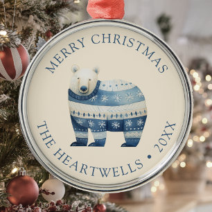 2025 Personalized Blue Polar Bear Merry Christmas Metal Ornament