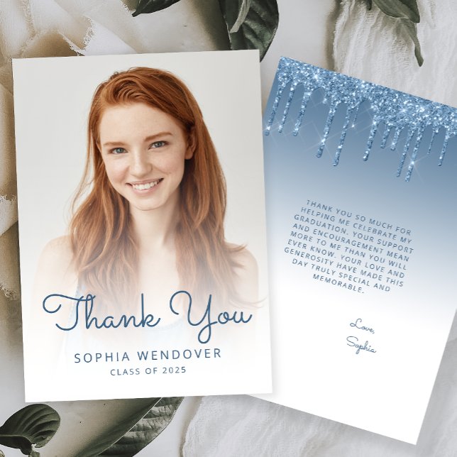 2025 Photo Blue Glitter Drip Graduation Thank You Card (Creator Uploaded)