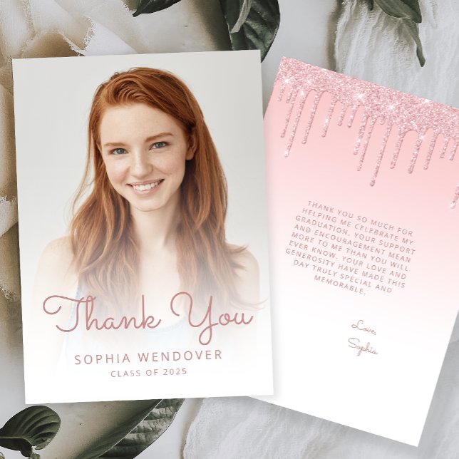2025 Photo Blush Pink Glitter Drip Graduation Thank You Card (Creator Uploaded)