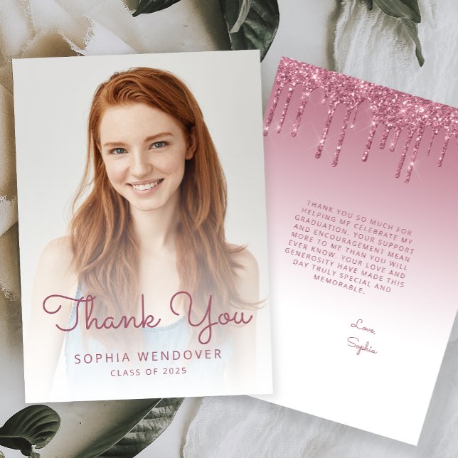 2025 Photo Burgundy Glitter Drip Graduation Thank You Card (Creator Uploaded)