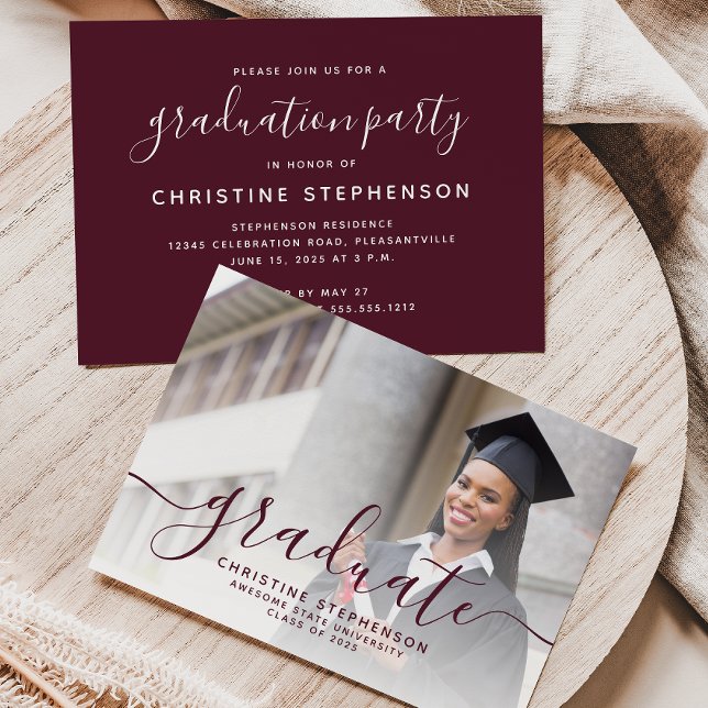 2025 Photo Burgundy Script Graduation Party Invitation (Creator Uploaded)