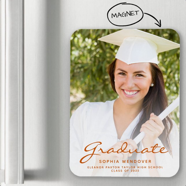 2025 Photo Burnt Orange Script Grad Announcement Magnet (Creator Uploaded)