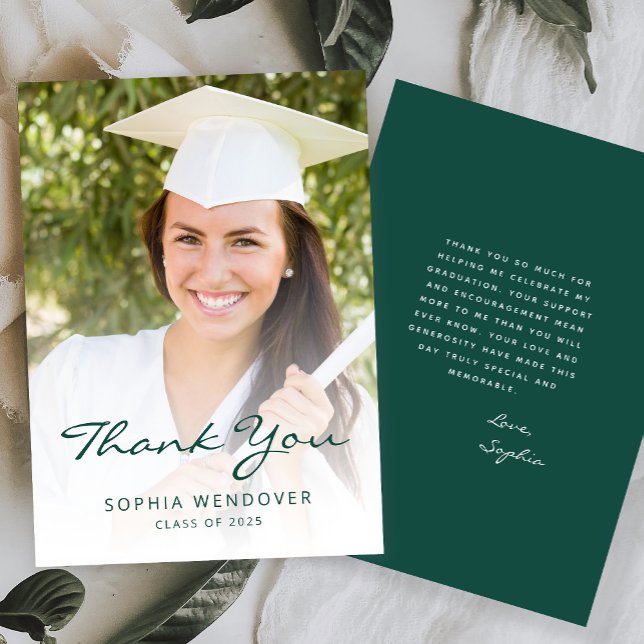 2025 Photo Classic Modern Green White Thank You Card (Creator Uploaded)