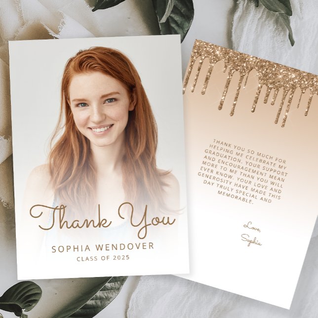 2025 Photo Gold Glitter Drip Graduation Thank You Card (Creator Uploaded)