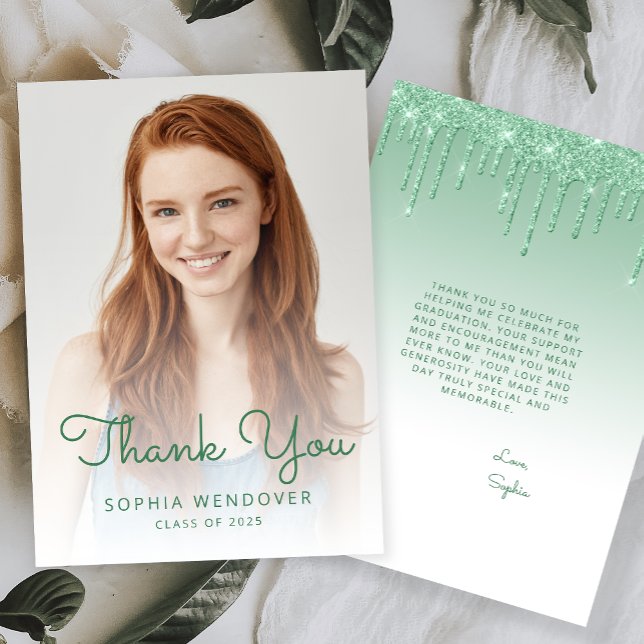 2025 Photo Green Glitter Drip Graduation Thank You Card (Creator Uploaded)