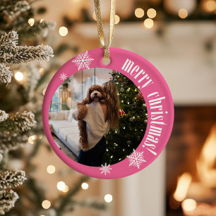 2025 Pink Retro Merry Christmas Glitter Photo Ceramic Ornament