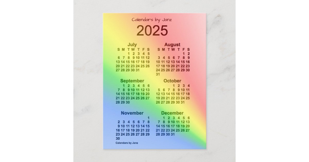 2025 Rainbow 6 Month Mini Calendar by Janz Postcard Zazzle