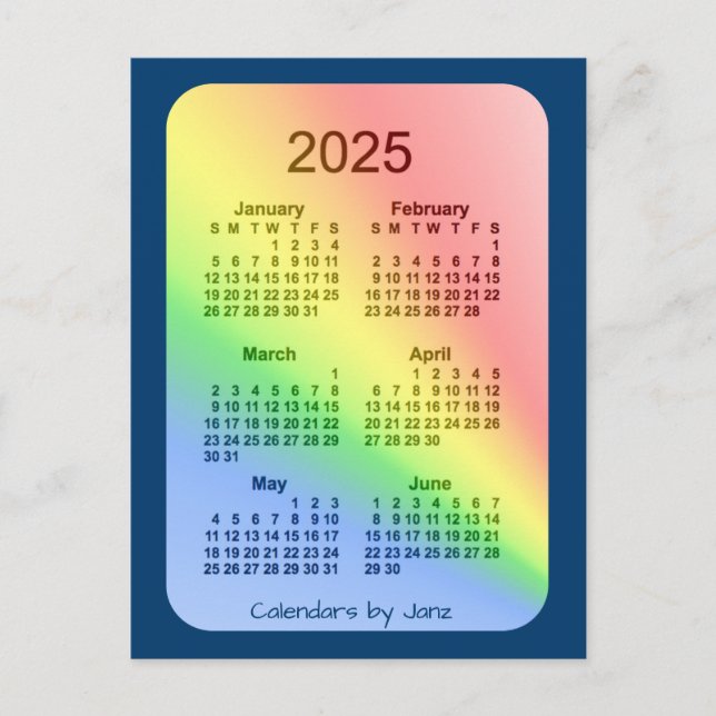 2025 Rainbow Blue 6 Month Mini Calendar by Janz Postcard (Front)
