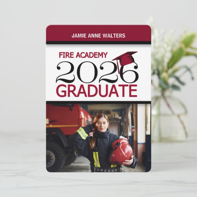 2025 Red and White Photo Fire Academy Graduation Invitation (Standing Front)