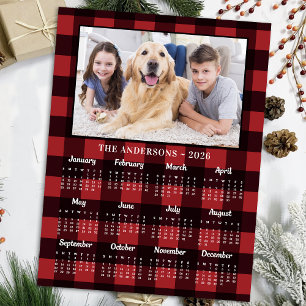 2025 Red Buffalo Plaid Family Dog Photo Calendar Holiday Postcard