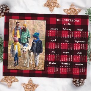 2025 Red Buffalo Plaid Personalised Photo Calendar Holiday Postcard