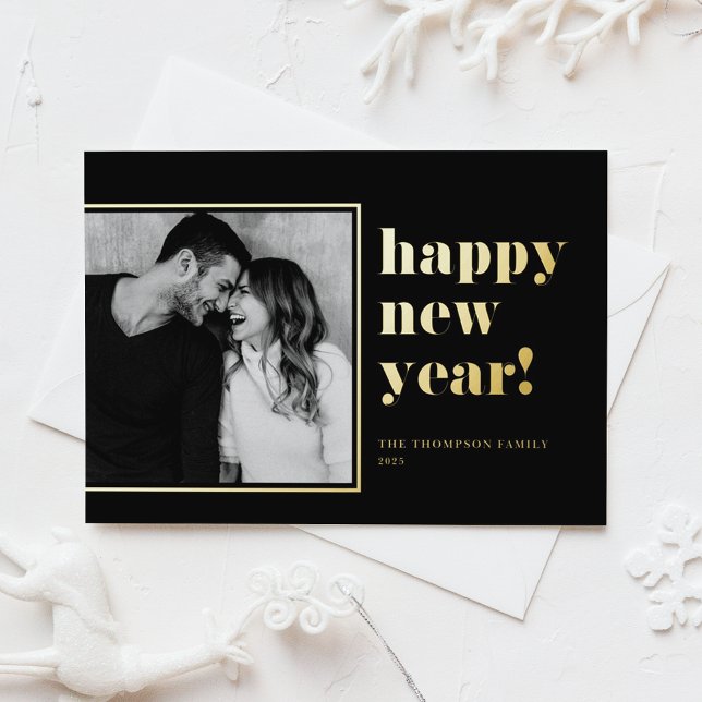 2025 Retro Bold Typography Black Happy New Year Foil Holiday Card (Customizable gold foil photo New Year card)