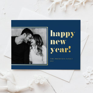 2025 Retro Bold Typography Blue Happy New Year Foil Holiday Card