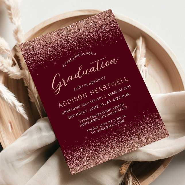 2025 Rose Gold Glitter Burgundy Graduation Party Invitation (Creator Uploaded)